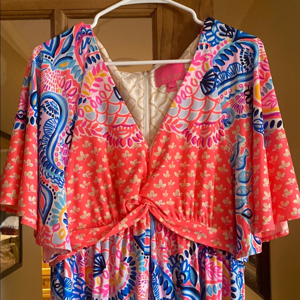 Lilly Pulitzer Pink and Blue Ruffled Tie Front Maxi Dress